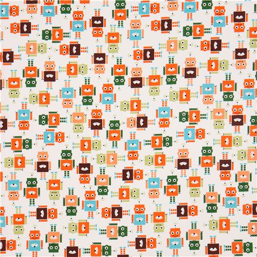 white robot fabric by Robert Kaufman orange green 2