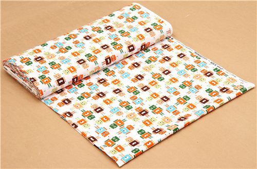 white robot fabric by Robert Kaufman orange green 3
