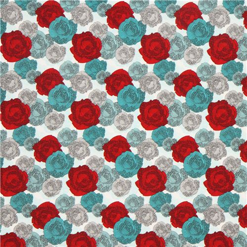 Tela blanca con rosas azules y rojas por Robert Kaufman - modesS4u