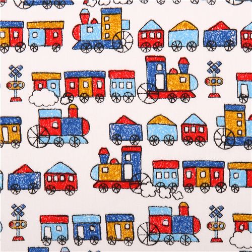 white train railway poplin fabric for boys by Cosmo from Japan Fabric ...