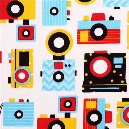 white vintage camera retro fabric Robert Kaufman USA Fabric by Robert