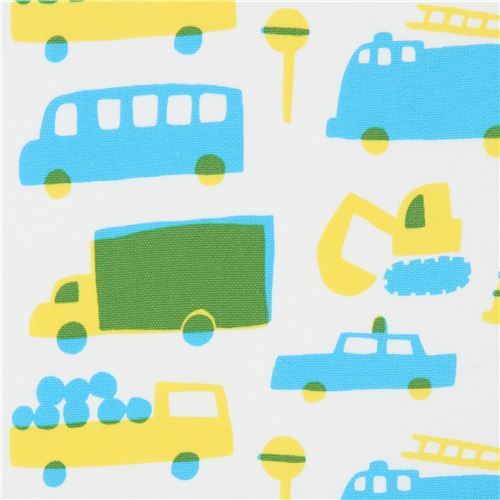 Tissu Oxford Kokka blanc avec des bus, des engins de construction, des véhicules - coupon (110cm x 50cm)