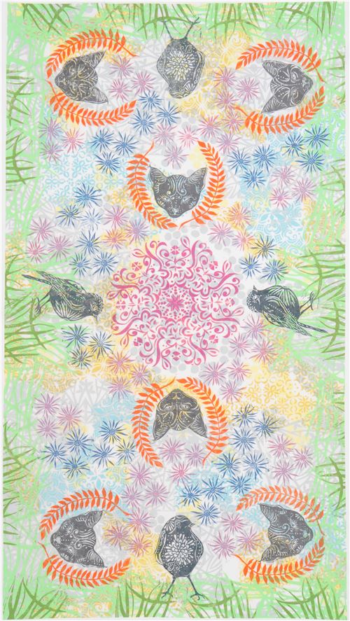 Tissu blanc, chats, oiseaux,fleurs, feuilles, ucy & Ollie Digital Tissu