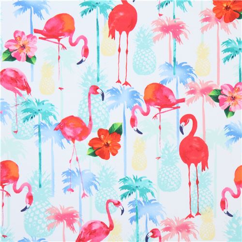 white with colorful pineapple palm tree flamingo fabric by Timeless ...
