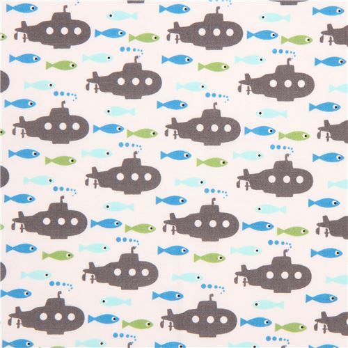 Tissu blanc avec des poissons et sous-marins gris par Copenhagen Print Factory Tissu