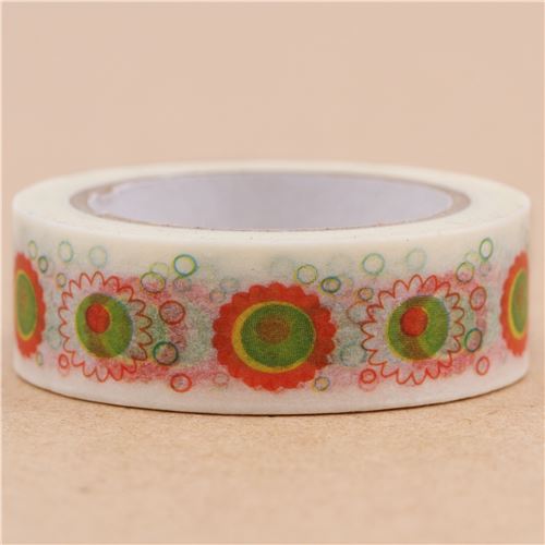 white with orange green flower circle oval Washi Tape deco tape modeS4u
