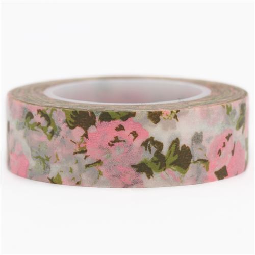 white with pink flower green leaf Washi Tape deco tape - Floral Tape ...