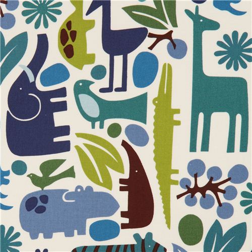 white zoo animal fabric elephant Alexander Henry blue 1