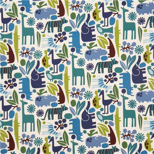 white zoo animal fabric elephant Alexander Henry blue 2