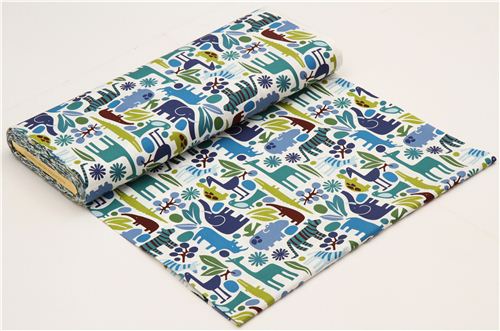 white zoo animal fabric elephant Alexander Henry blue 3