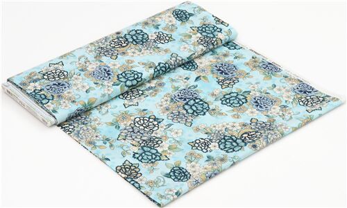 whtie metallic Robert Kaufman light blue Jacobean flower fabric - modeS4u