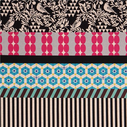 wide bird stripe echino poplin fabric gara black pink 1