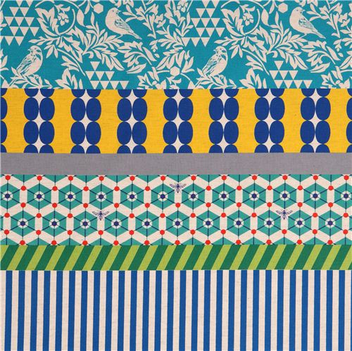 wide bird stripe echino poplin fabricgara blue yellow 1