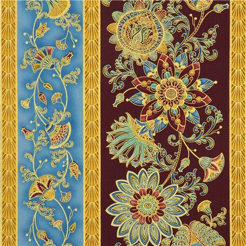 wine red flower stripe fabric with gold Timeless Treasures Fabric by ...