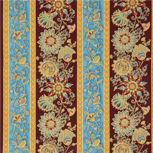 wine red flower stripe fabric with gold Timeless Treasures 2
