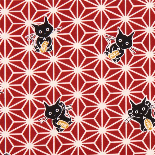 Tissu Asiatique Bordeaux Avec Des Chats Porte Bonheurs Motif D Etoiles Asanoha Modes4u