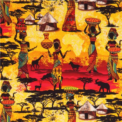 yellow Africa village women sunset fabric by Timeless Treasures Fabric ...