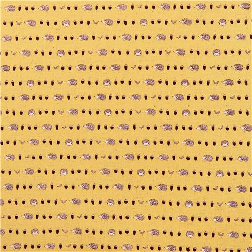 yellow Canvas hedgehog acorn fabric by Kokka from Japan 2