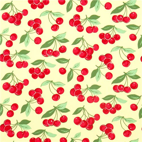 yellow Michael Miller fabric with red cherries Fabric by Michael Miller ...