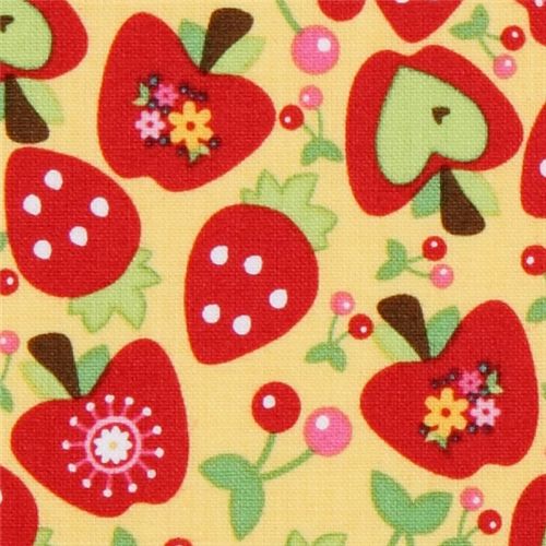 gelber Riley Blake Stoff Herz-Apfel Erdbeeren Kirschen 1