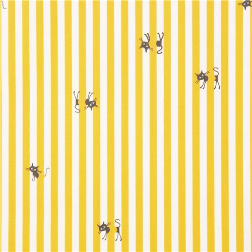 Gelb-weiß gestreiftes Wachstuch Japan mit kleinen schwarzen Katzen verstecken Stoff