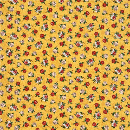 yellow cream red rose flower leaf fabric Quilting Treasures 'Love is