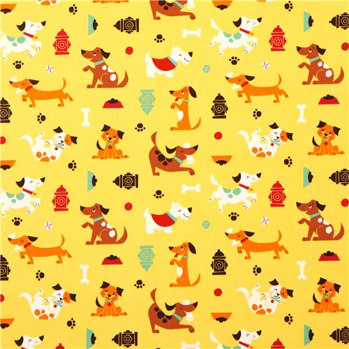 yellow dog fabric with hydrant food ball by Robert Kaufman Fabric by