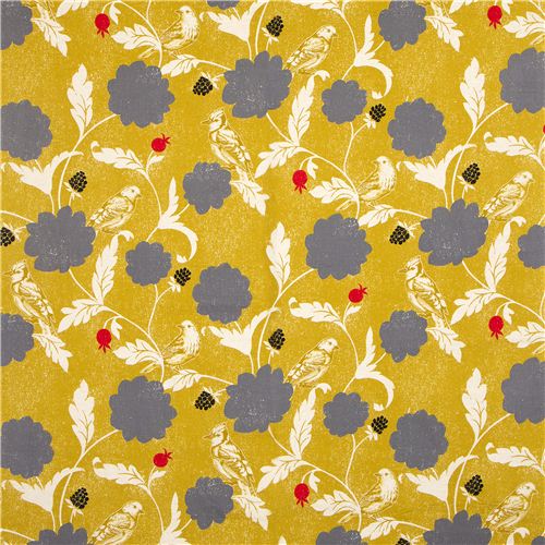 yellow echino canvas fabric Dahlia bird & flower Japan 4