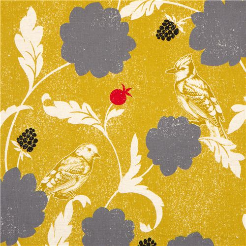 yellow echino canvas fabric Dahlia bird & flower Japan 1