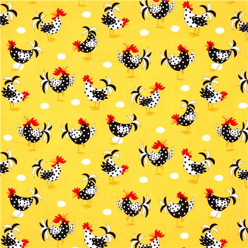 yellow fabric with chicken rooster egg Robert Kaufman 2