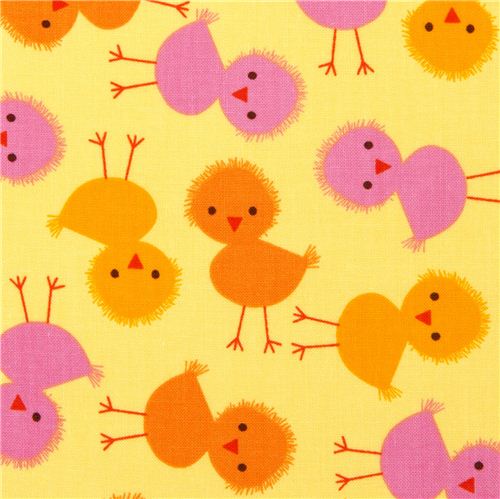 yellow fabric with pink and orange chicks par Robert Kaufman 1