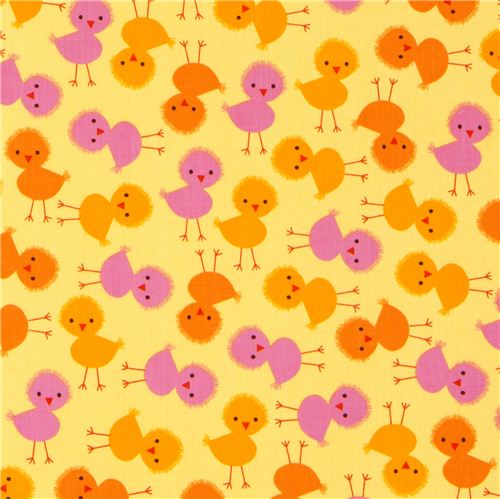 yellow fabric with pink and orange chicks par Robert Kaufman 2