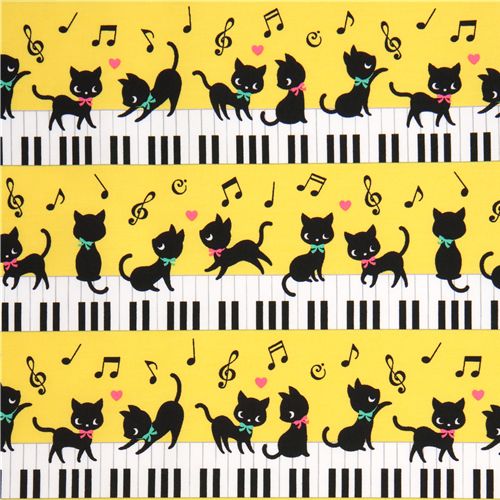 yellow kawaii fabric black kitty piano Japan 2