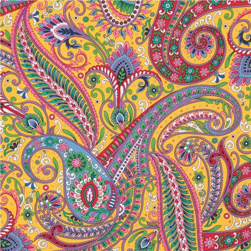 yellow-orange fabric with colorful paisley flower leaf Quilting ...