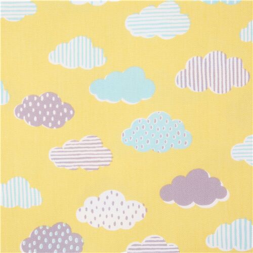 tessuto giallo giapponese nuvole rosa grigie gocce di pioggia tela di cotone Tessuto
